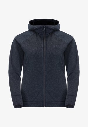 Donkergrijze ritshoodie van een zachte, gestructureerde stof, met elastische manchetten en een capuchon. Bevat een logo op de bovenkant van de linkerborst.