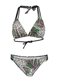 Bikini-Set mit einem Dreiecks-Top in einem pinken, grünen und grauen Tiermuster, schwarzen Ties und passenden Unterteilen mit seitlichen Trägern.