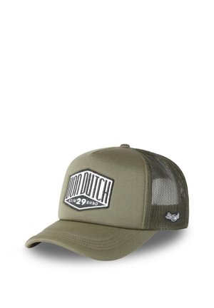 Casquette trucker vert olive avec dos en mesh, visière courbée et écusson "Don Dutch KSIM 29 Brand" sur le panneau avant.