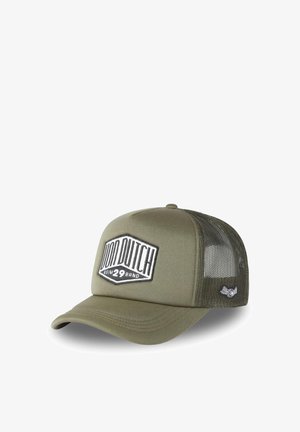 Casquette trucker vert olive avec dos en mesh, visière courbée et écusson "Don Dutch KSIM 29 Brand" sur le panneau avant.