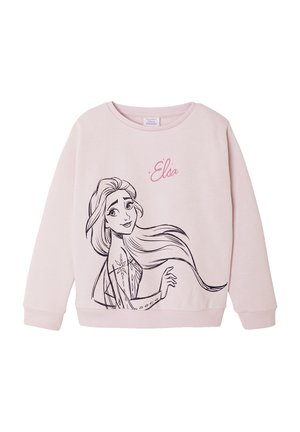 Light pink long-sleeve sweatshirt with a black sketch of Elsa from Frozen, her flowing hair, and "Elsa" written in pink above the graphic.