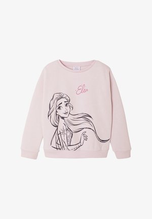 Light pink long-sleeve sweatshirt with a black sketch of Elsa from Frozen, her flowing hair, and "Elsa" written in pink above the graphic.