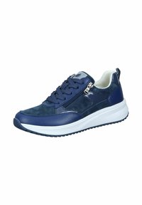 Navy blue sneakers featuring a combination of leather and suede, laced design, side zip closure, white sole, and textured accents.