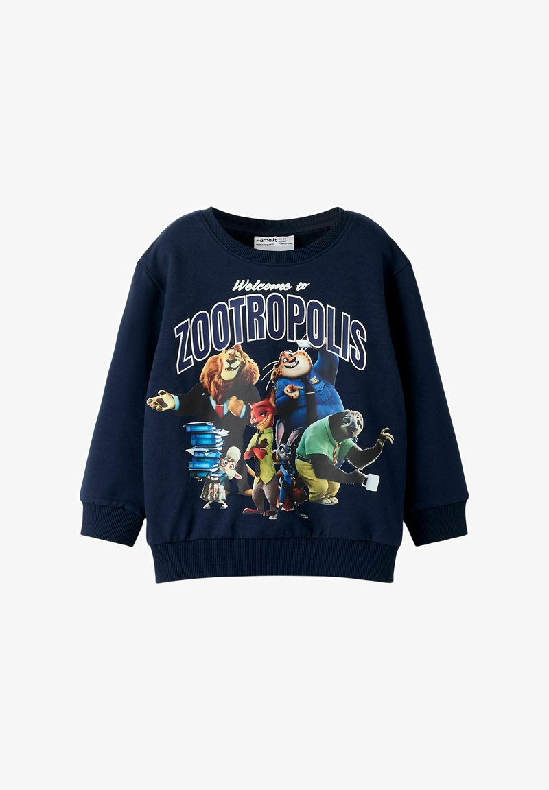 Tmavomodrá mikina s grafickým potlačou "Zootropolis" zobrazujúcou kreslené zvieracie postavičky, s okrúhlym výstrihom a rebrovanými manžetami a lemom.