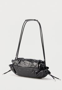 Black leather handbag with a soft, crinkled texture, featuring a structured shape, adjustable straps, and silver hardware accents.