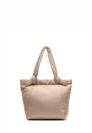 Beige, gepolsterte Tragetasche mit zwei robusten Griffen. Verfügt über eine glatte, gesteppten Textur und ein minimalistisches Design. Weit strukturiert.