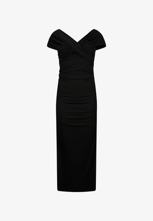 Sort tætsiddende kjole med off-the-shoulder ærmer, plisseret bodice og en slank, lige silhuet. Lavet af et glat, strækbart stof.