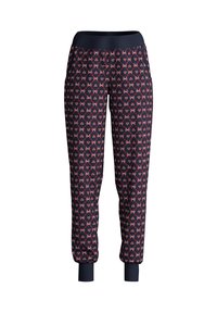 Marineblauwe joggers met een patroon van kleine rode hartjes, elastische tailleband en aangesloten boorden bij de enkels voor een strakke pasvorm.