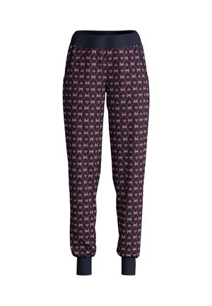 Marineblauwe joggers met een patroon van kleine rode hartjes, elastische tailleband en aangesloten boorden bij de enkels voor een strakke pasvorm.