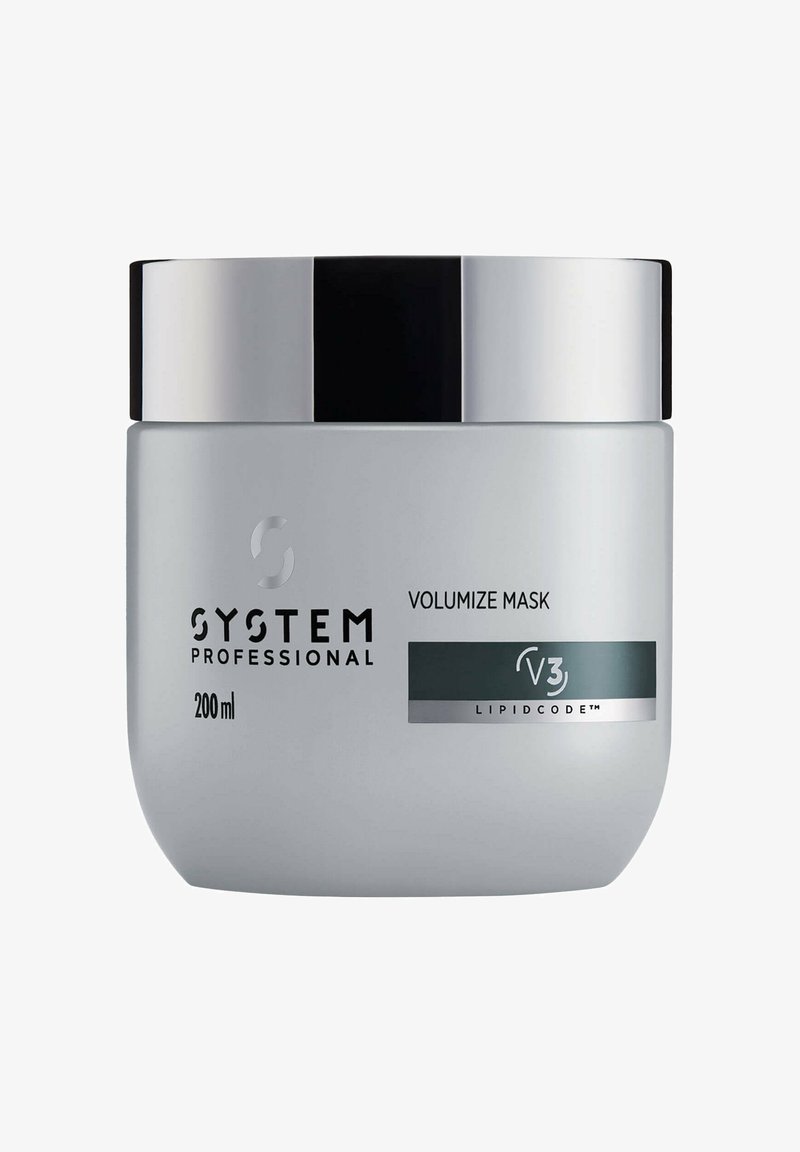 Silver jar of System Professional Volumize Mask, 200 ml. Features a glossy black lid and a gray label with the text "V3" and "Lipidcode™."
