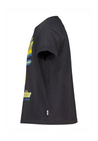 Schwarzes Baumwoll-T-Shirt mit kurzen Ärmeln, das auf der Vorderseite gelbe und blaue grafische Schriftzüge zeigt. Runder Halsausschnitt und gerader Saum.