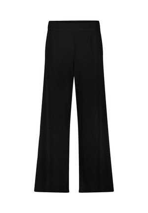 Zwarte wijde broek met een elastische tailleband, rechte snit en zonder zichtbare patronen of versieringen.