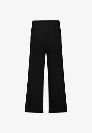 Schwarze weit geschnittene Hose mit elastischem Bund, geradem Schnitt und ohne sichtbare Muster oder Verzierung.