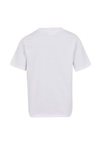 Ein schlichtes weißes T-Shirt mit kurzen Ärmeln, von hinten gezeigt, mit Rundhalsausschnitt auf einem weißen Hintergrund.