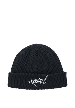 Gorro de punto negro con borde doblado y logo estilizado en forma de escritura blanca bordado en la parte delantera.
