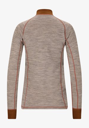 Long-sleeved shirt in light gray fabric with a textured finish. Features brown accents at the collar and orange stitching along the seams.
