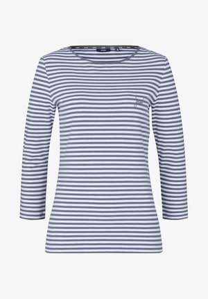 Langarm gestreepte shirt in marineblauw en wit. Heeft een ronde halslijn en een geborduurd logo detail op de borst. Zacht, rekbaar materiaal.