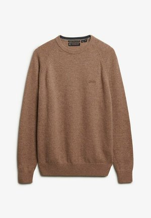 Suéter de lana marrón con cuello redondo, puños y dobladillo acanalados, con un logo sutil en el pecho. Textura suave y diseño de corte clásico.