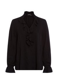 Schwarze Bluse mit einem rüschierten V-Ausschnitt, langen gepufften Ärmeln mit rüschierten Bündchen, subtiler Textur mit horizontalen Streifen und metallic Akzenten.