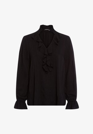 Black blouse with a ruffled V-neck, long puffed sleeves with ruffled cuffs, subtle texture with horizontal stripes and metallic accents.