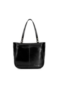 Czarna skórzana torba na ramię o gładkim wykończeniu, wyposażona w dwa paski na ramię, złote akcenty oraz subtelny detal z logo na dole.