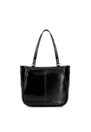 Schwarze Ledertasche mit glatter Oberfläche, ausgestattet mit zwei Schulterriemen, goldfarbenen Beschlägen und einem dezenten Logo-Hinweis am Boden.