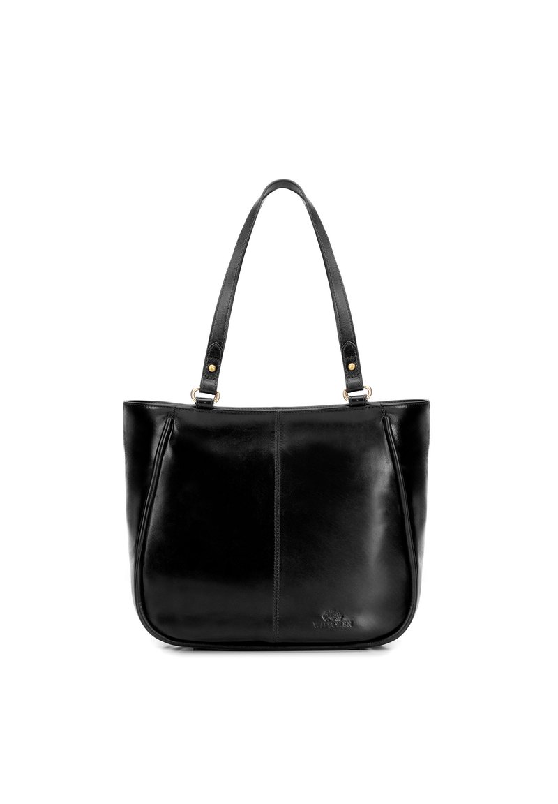 Czarna skórzana torba na ramię o gładkim wykończeniu, wyposażona w dwa paski na ramię, złote akcenty oraz subtelny detal z logo na dole.