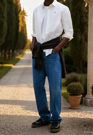 Homme debout sur un chemin de jardin, portant une chemise blanche à boutons, un jean bleu, des baskets noires et un sweat-shirt noir noué autour de la taille.