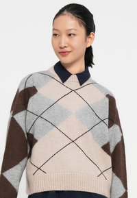 Maglione lavorato a maglia con motivo a diamante in marrone chiaro, grigio e beige, con orlo a coste e linee di accento nere. Indossato su un colletto blu navy.