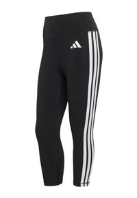 Crne sportske helanke s visokim pojasom, s tri bijele okomite pruge duž vanjske strane i malim logotipom sprijeda.