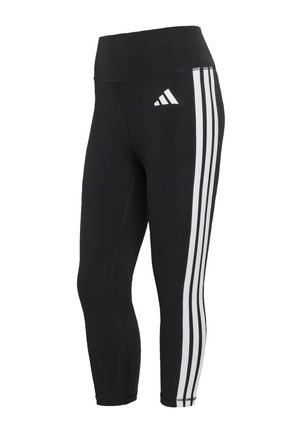 Crne sportske helanke s visokim pojasom, s tri bijele okomite pruge duž vanjske strane i malim logotipom sprijeda.