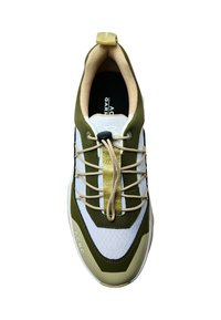 Green and white athletic shoe with textured upper, elastic laces, beige accents, and a padded collar. Rounded toe and thick sole.