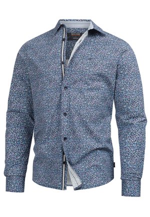 Koszula z długim rękawem, zapinana na guziki, w kolorze granatowym, z kwiatowym wzorem. Posiada kołnierzyk i kontrastowy wewnętrzny materiał. Teksturowany, lekki materiał bawełniany.