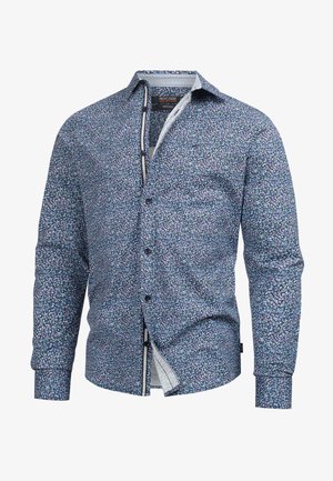 Langærmet skjorte med knaplukning i marineblå med blomsterdesign. Har krave og kontrasterende indvendigt stof. Tekstureret, letvægts bomuldsstof.