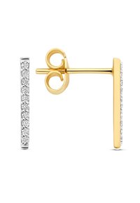 Des boucles d'oreilles en or et en argent présentent un design rectangulaire vertical avec de petites pierres précieuses claires disposées en ligne le long d'un côté.