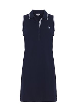 Abito polo senza maniche di colore navy in cotone, con colletto, patta con tre bottoni e accenti a righe bianche sulle spalle.