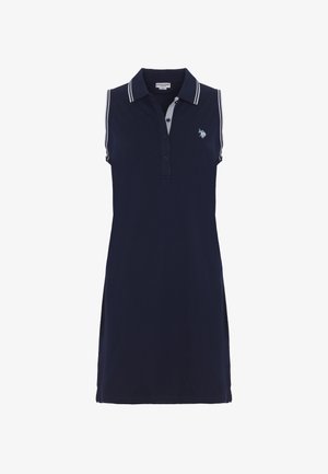 Abito polo senza maniche di colore navy in cotone, con colletto, patta con tre bottoni e accenti a righe bianche sulle spalle.