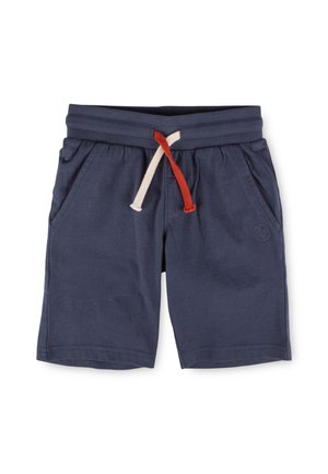 Navy blue knee-length shorts with ribbed waistband, side pockets, and contrasting red and white drawstrings at the front.