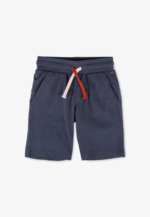 Marineblaue knielange Shorts mit geripptem Bund, seitlichen Taschen und kontrastierenden roten und weißen Kordeln vorne.