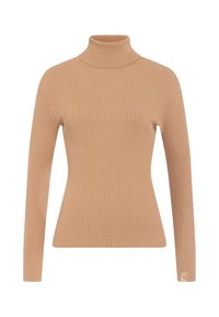 Beige ribbed turtleneck sweater with long sleeves, fitted design, and subtle logo accent on the cuff. Soft texture and streamlined silhouette.
