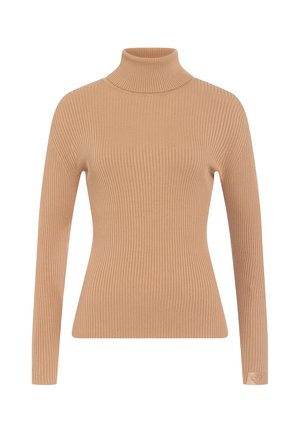 Beige ribbed turtleneck sweater with long sleeves, fitted design, and subtle logo accent on the cuff. Soft texture and streamlined silhouette.