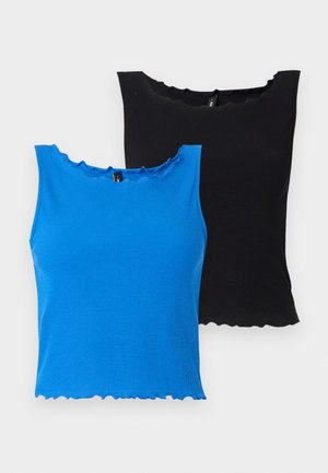 Tricouri fără mâneci ribbate în culoarea albastră și neagră, cu decolteu și margine ondulată. Material moale, design fără mâneci și formă ușor ajustată.
