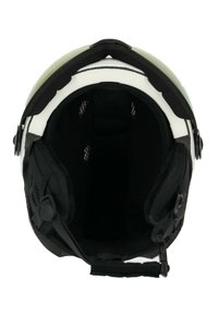 Valkoinen ja musta kypärä, jossa on tasainen pinta, pehmeä musta sisus, säädettävät hihnat ja verkkovuori mukavuutta ja tuuletusta varten.