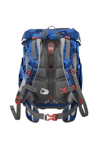 Blauer und grauer Rucksack mit gepolstertem Rücken, verstellbaren Trägern und roten Akzenten. Verfügt über Taschen und ein strukturiertes Muster. Entwickelt für Komfort.