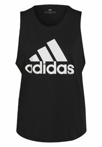 Svart ärmlös linne med rund halsringning, med en stor vit Adidas-logotyp över bröstet. Tillverkad av mjukt, lätt tyg.