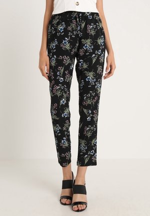 Pantalones florales negros con un estampado colorido de flores azules y rosas. Diseñados con una cintura elástica para mayor comodidad.