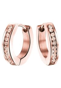 Roze gouden hoopoorbellen met een sleek design, voorzien van een rij heldere kristallen aan één kant, een gepolijste metalen afwerking en afgeronde randen.