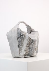 Gray leather bag with a textured silver snake pattern on one side, featuring a soft body and a rounded handle.
