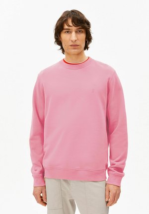 Mann mit mittellangen braunen Haaren, der einen hellrosa Sweatshirt und beige Hosen trägt und vor einem weißen Hintergrund steht.