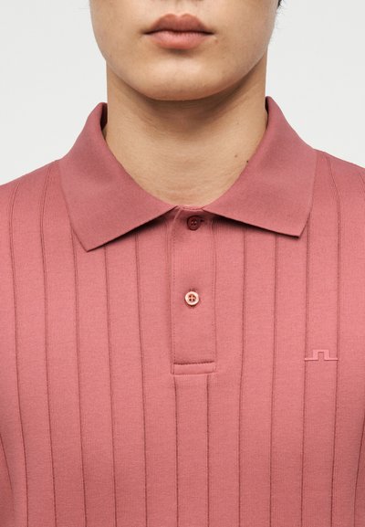 Κοντινό πλάνο ενός ατόμου που φοράει μια ροζ σκόνη ριγέ πόλο μπλούζα με δύο κουμπιά και ένα μικρό κεντημένο λογότυπο στο δεξί στήθος.